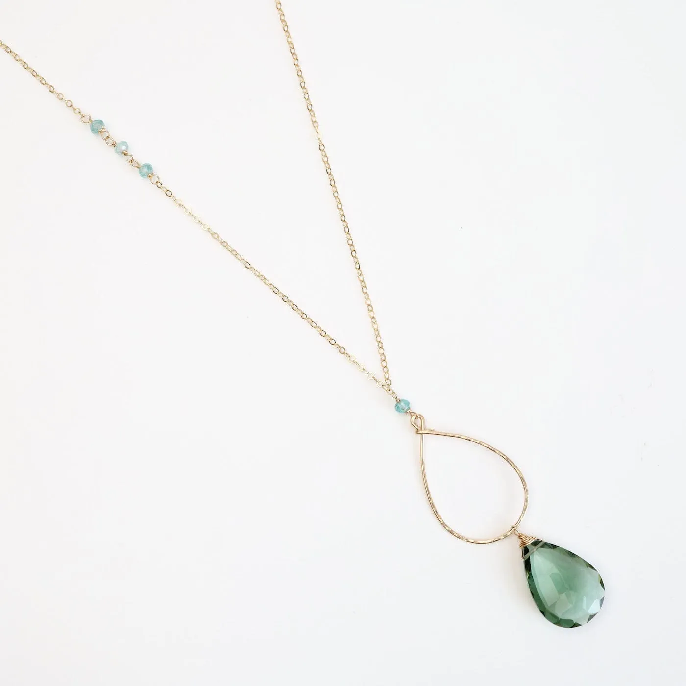 Large Green Amethyst Gold Filled Long Open Teardrop Necklace