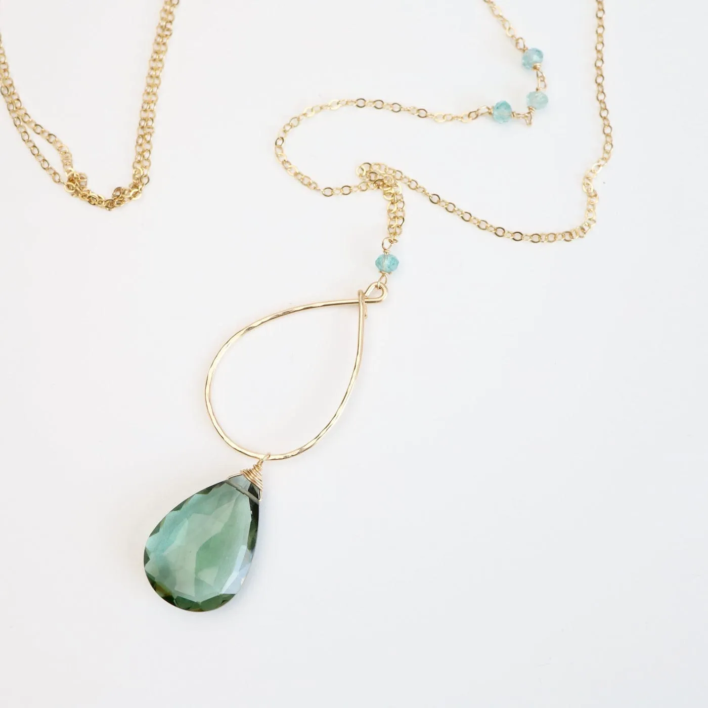 Large Green Amethyst Gold Filled Long Open Teardrop Necklace