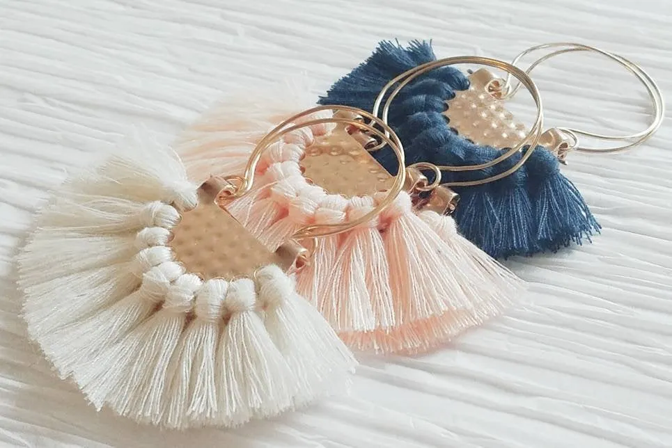 Large Soft Peach Fringe Crescent Fan Shape Hoop Statement Trendy Earings, Osiana Peach Earrings