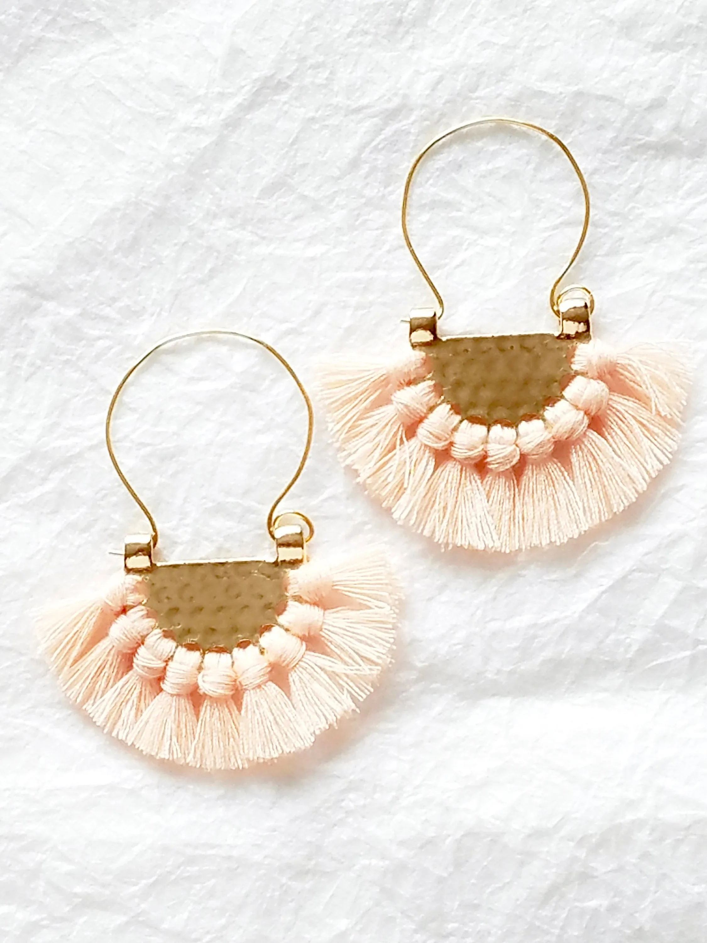 Large Soft Peach Fringe Crescent Fan Shape Hoop Statement Trendy Earings, Osiana Peach Earrings