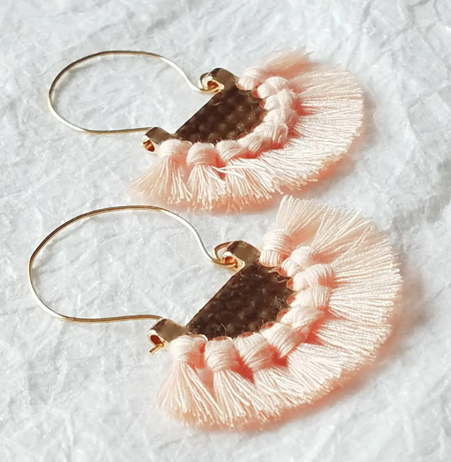 Large Soft Peach Fringe Crescent Fan Shape Hoop Statement Trendy Earings, Osiana Peach Earrings