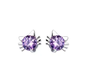 Lovely Cat 925 Sterling Silver Bling Crystal Stud Earrings - Purple