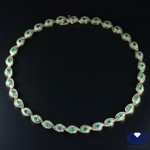 Marquise Emerald & Diamond Necklace In 14K Yellow Gold 16"