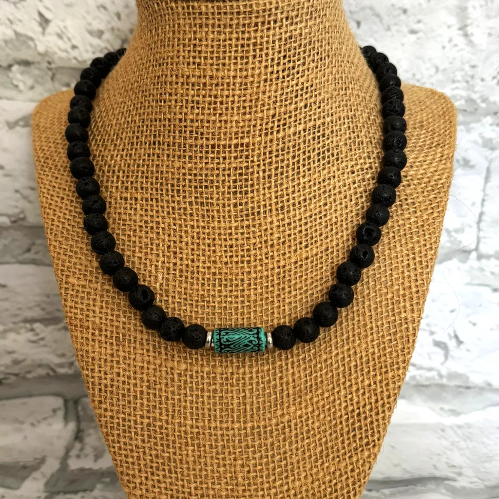 Mens Black Lava and Turquoise Statement Beaded Necklace