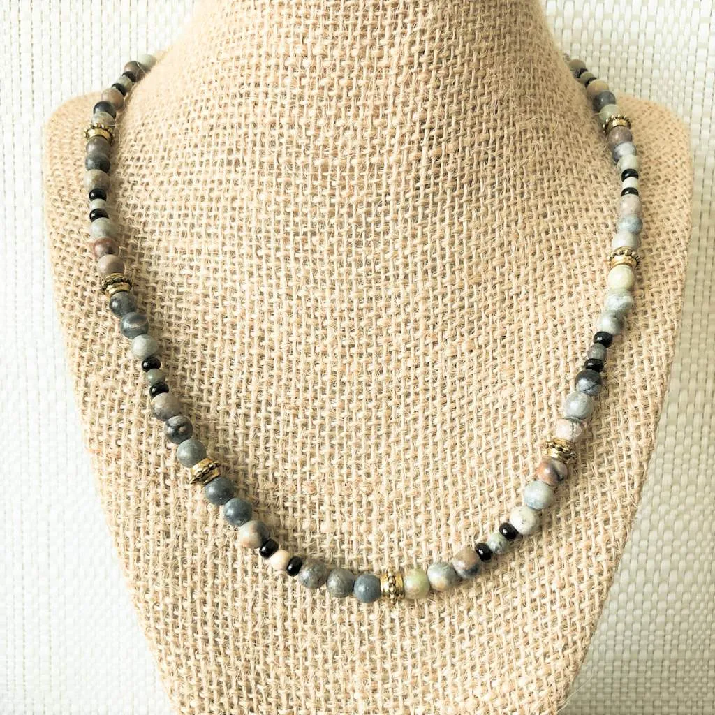 Mens Picasso Stone and Gold Beaded Necklace