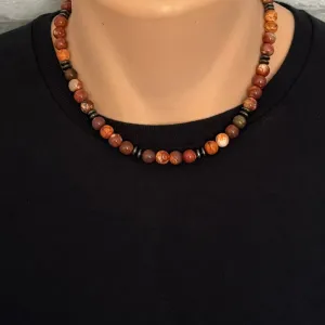 Mens Red Bend Jasper and Gunmetal Hematite Beaded Necklace