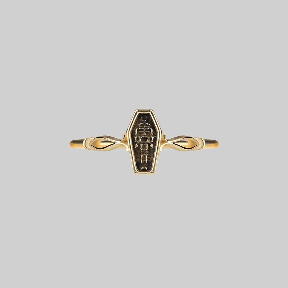 MORALITY. Tiny Skeleton Coffin Gold Ring