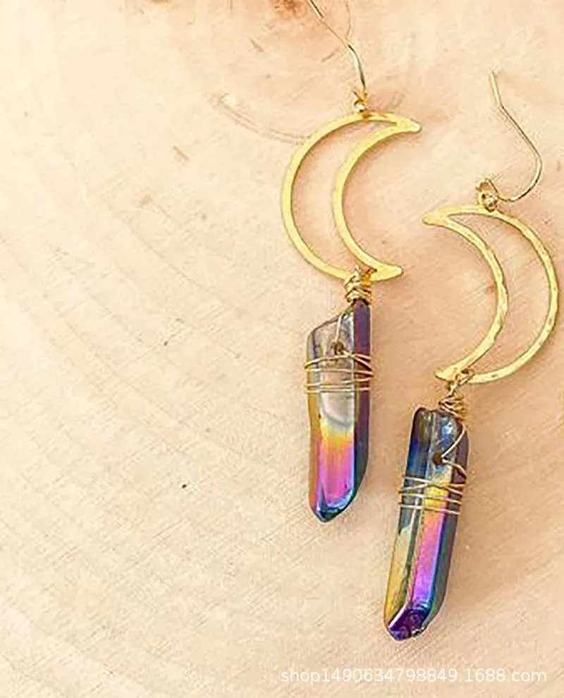 Natural Crystal Earrings Amethyst  Crystal Turquoise Hexagonal Pillar Earrings