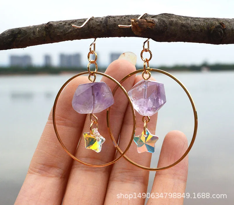 Natural Crystal Earrings Amethyst  Crystal Turquoise Hexagonal Pillar Earrings