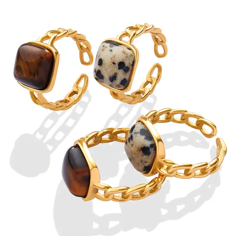 Natural Stone Opening Rings Women Charm Titanium Steel Tiger Eye Stone Finger Ring 18K Gold PVD Plated Trendy Jewelry Gift