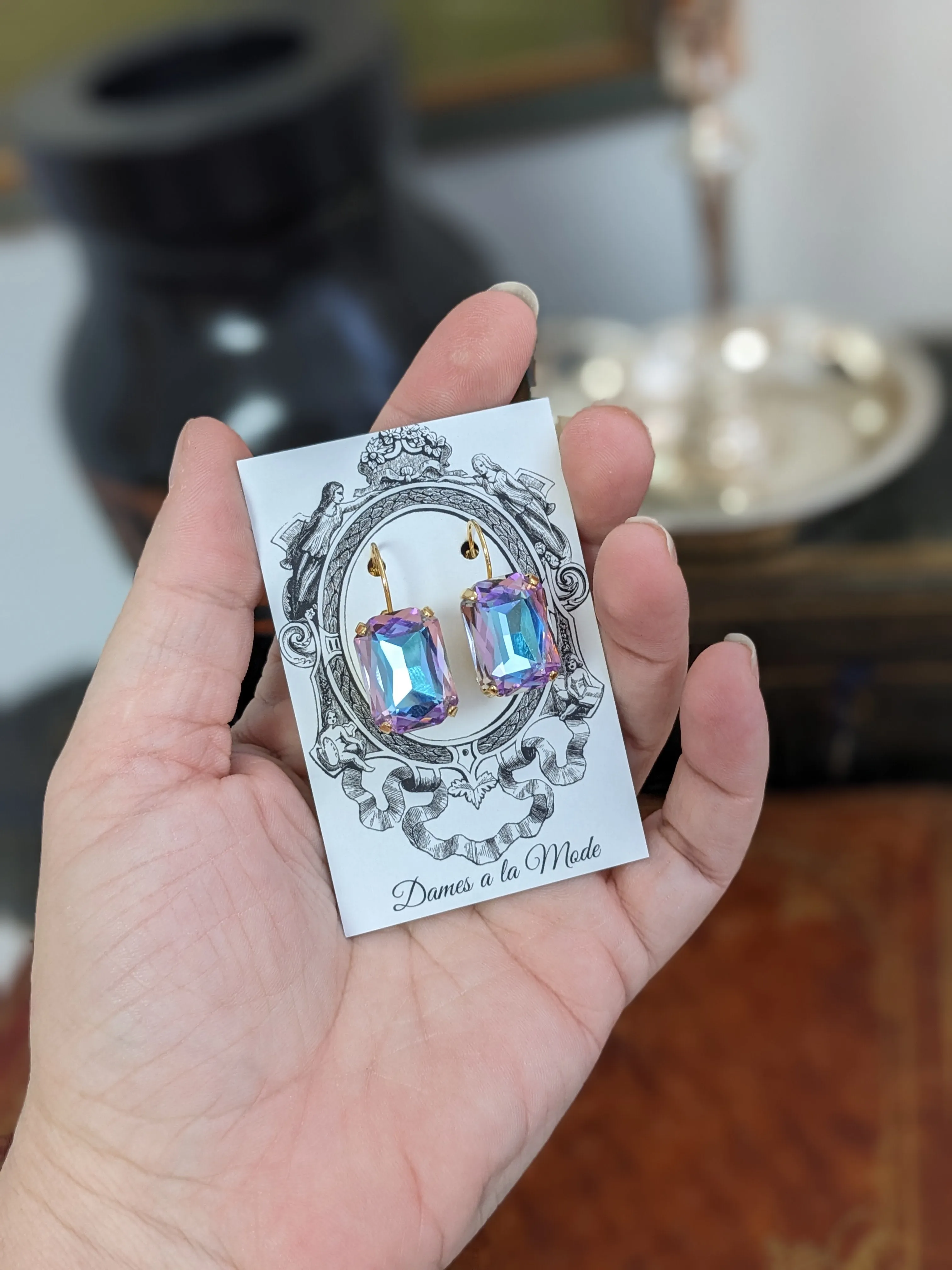 Pastel Rainbow Purple Aurora Earrings - Large Octagon