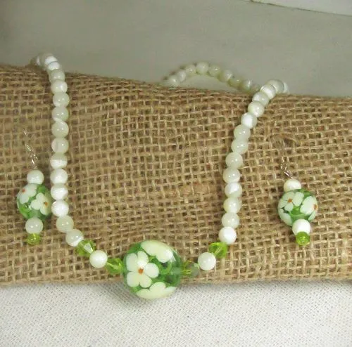 Pearl & Handmade Green Bead Necklace & Earrings