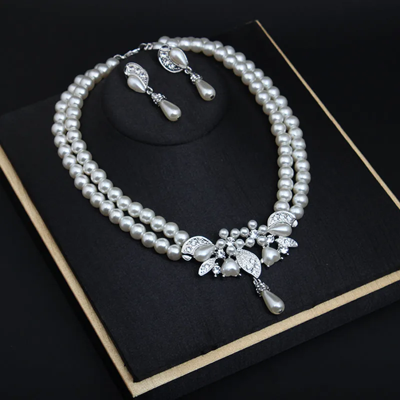 Pearl rhinestone necklace earrings set dress banquet bride female fashion