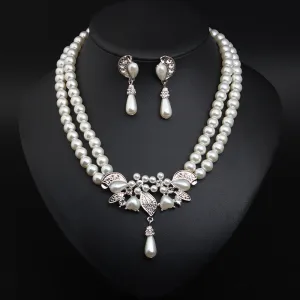 Pearl rhinestone necklace earrings set dress banquet bride female fashion