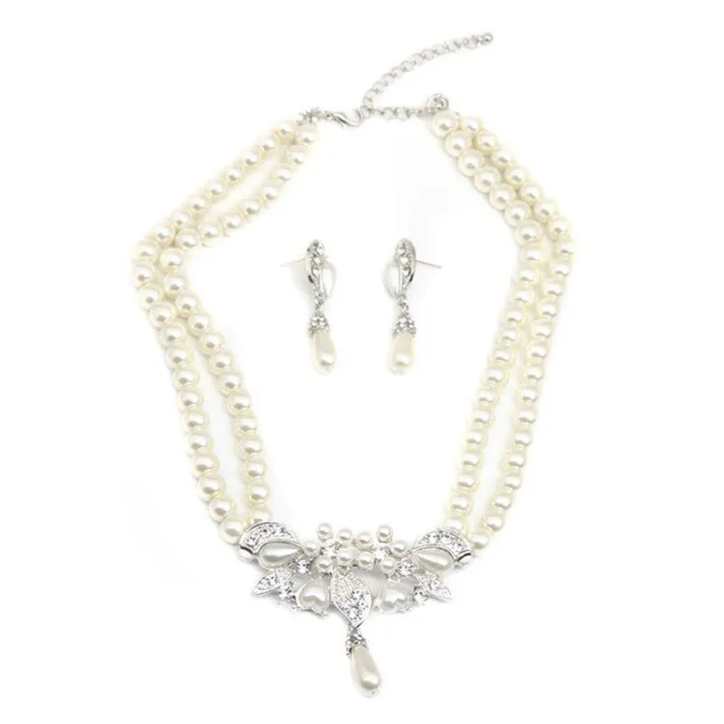 Pearl rhinestone necklace earrings set dress banquet bride female fashion