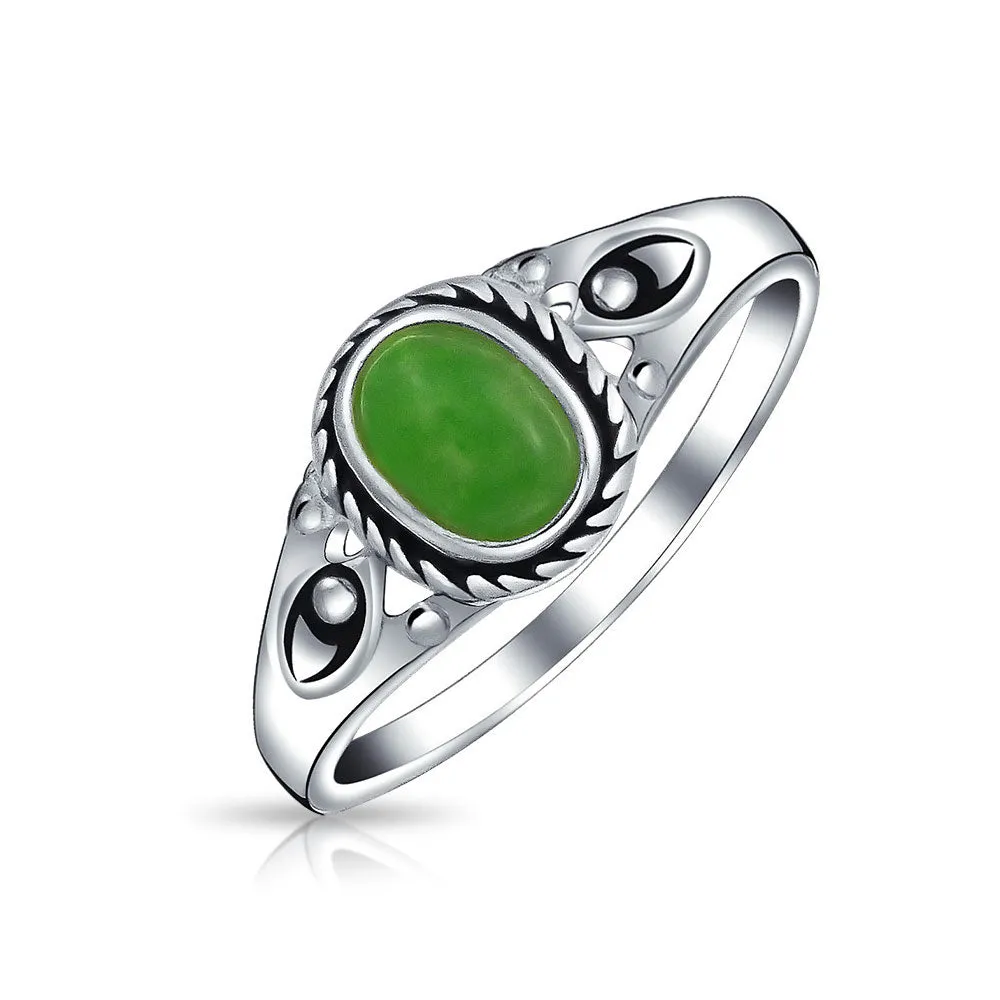 Petite Cabochon Boho Silver Ring with Green Jade and Filigree Band August Birthstone