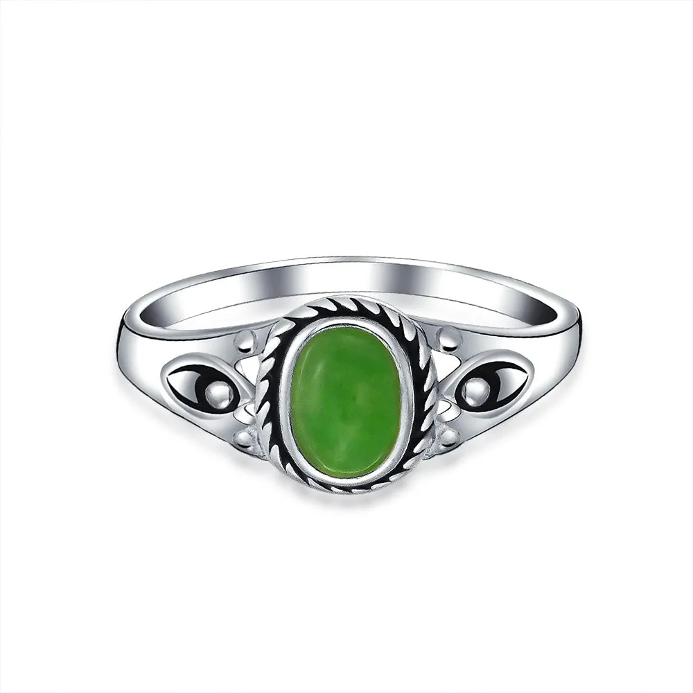 Petite Cabochon Boho Silver Ring with Green Jade and Filigree Band August Birthstone