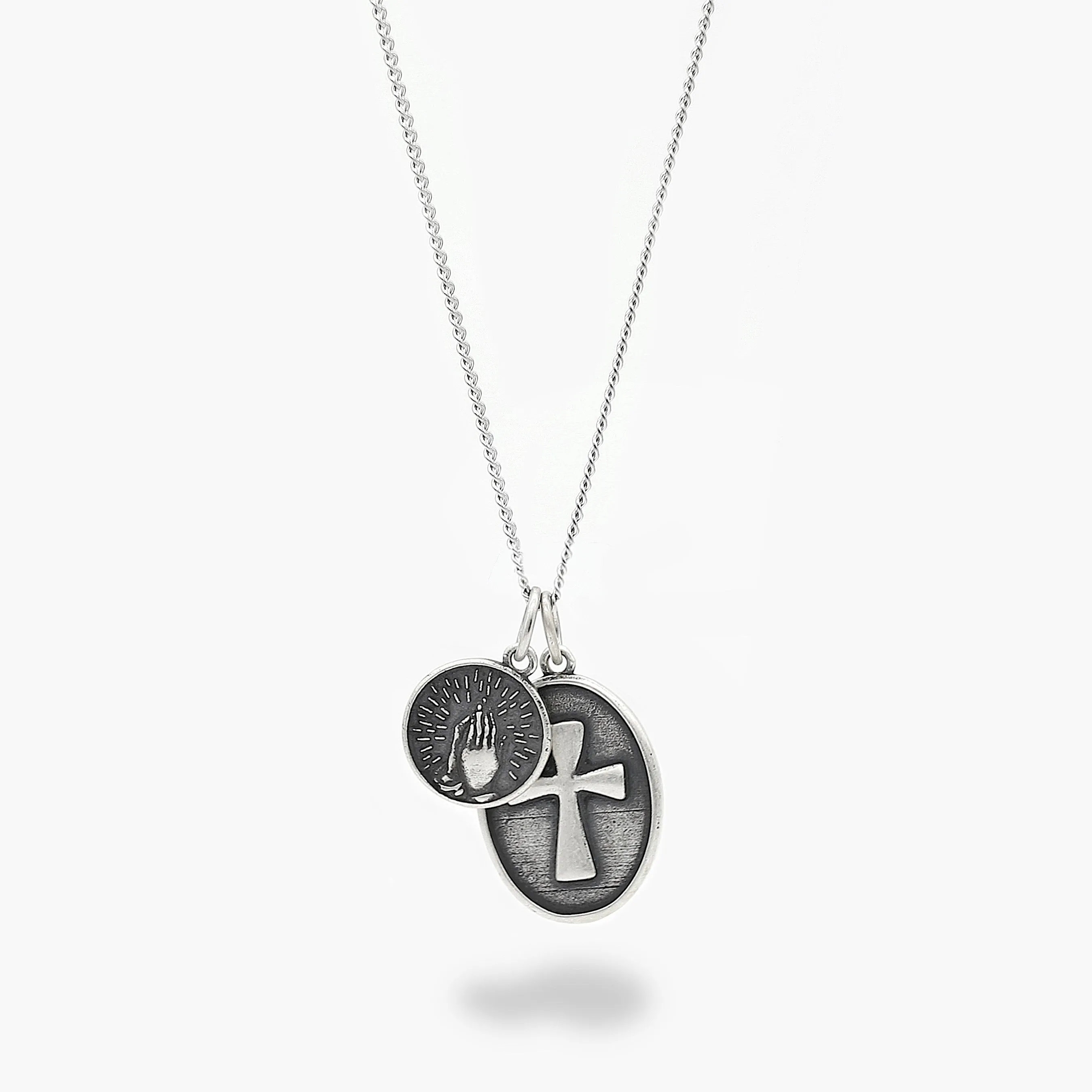 Praying Hands & Cross Double Pendants Silver Necklace