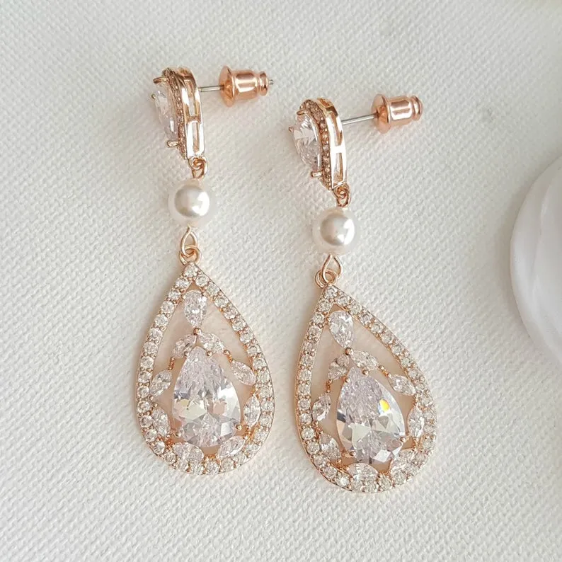 Rose Gold CZ Crystal Earrings for Weddings & Brides-Esther