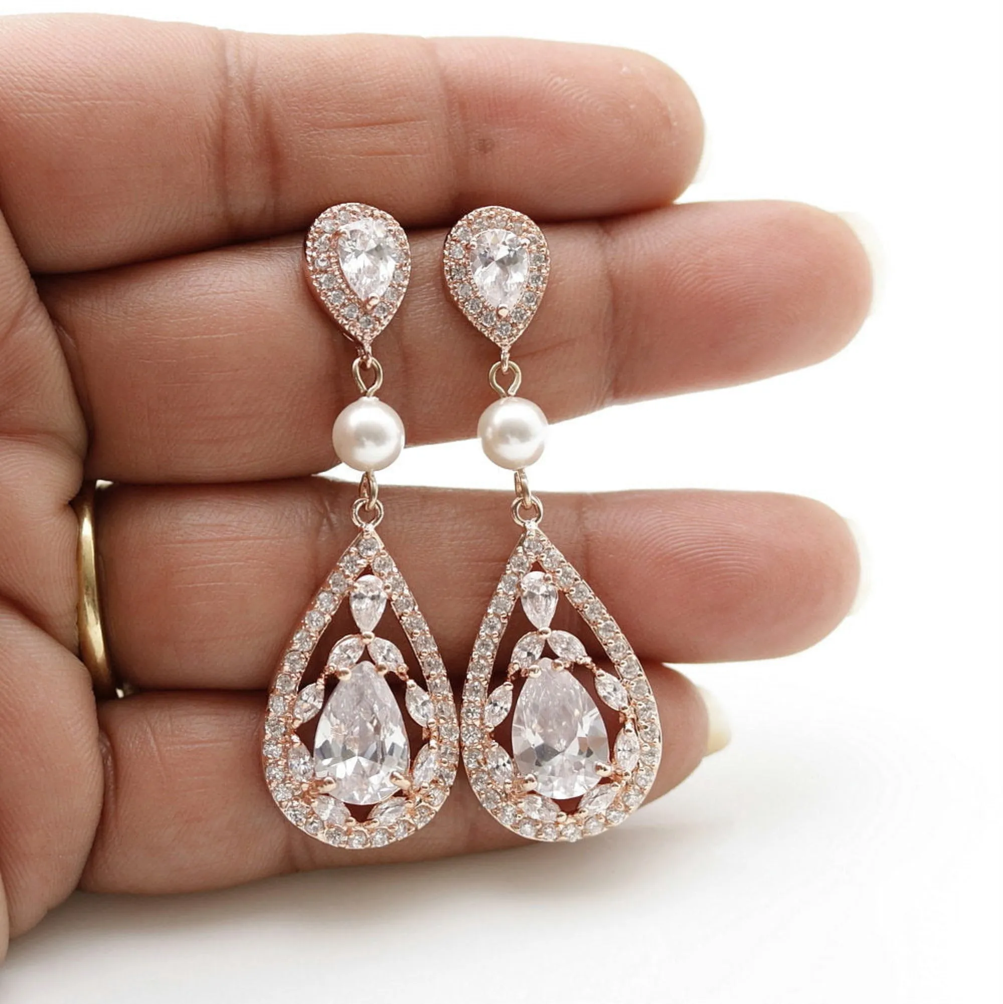 Rose Gold CZ Crystal Earrings for Weddings & Brides-Esther