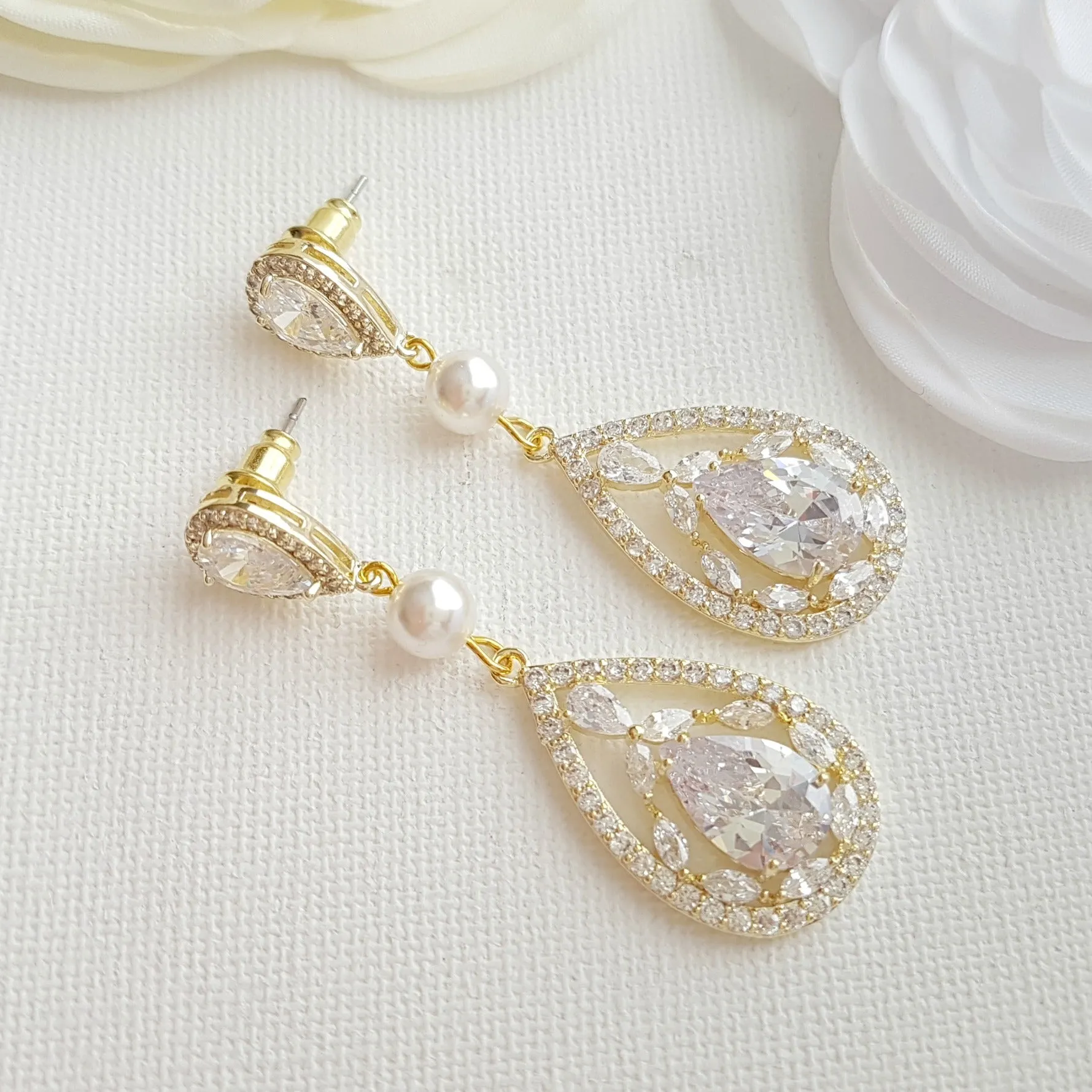 Rose Gold CZ Crystal Earrings for Weddings & Brides-Esther