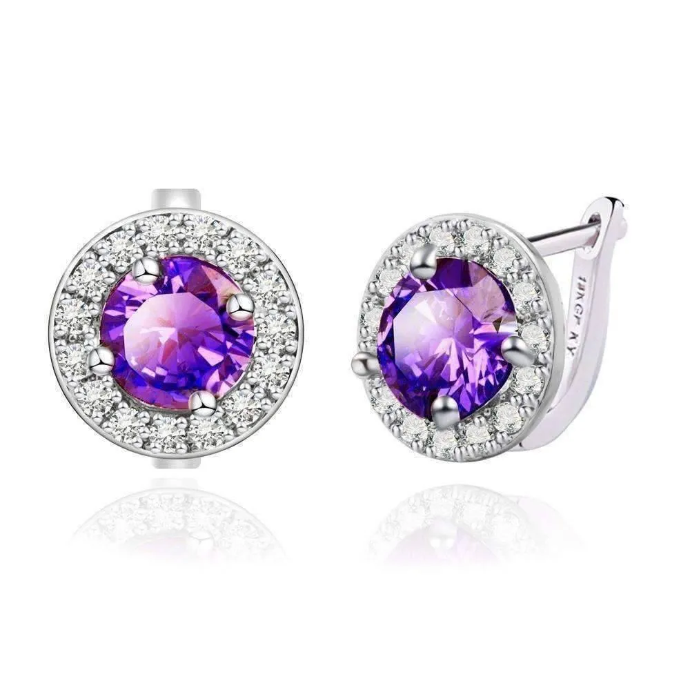 Round Cut Halo 3Ctw Simulated Sapphire Cz Set On 18K White Gold Plated Earrings for Women in Five Elegant Colors Special Occasion