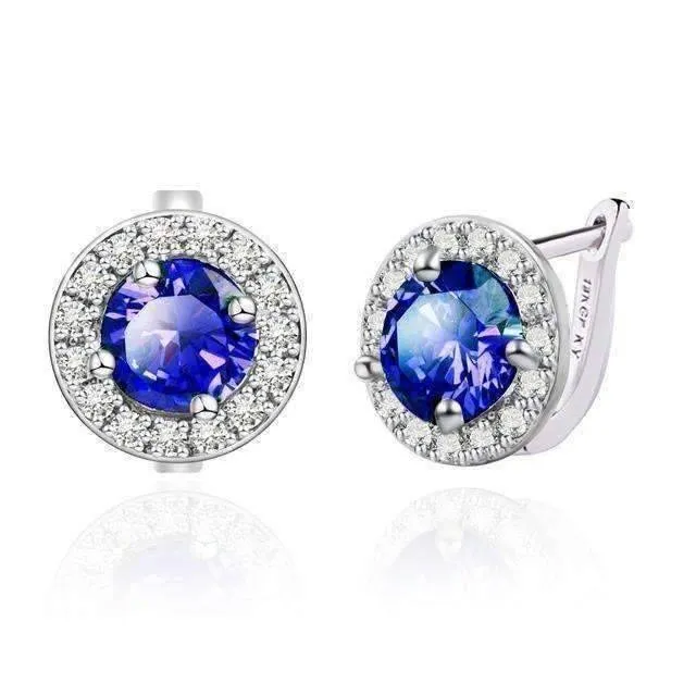 Round Cut Halo 3Ctw Simulated Sapphire Cz Set On 18K White Gold Plated Earrings for Women in Five Elegant Colors Special Occasion