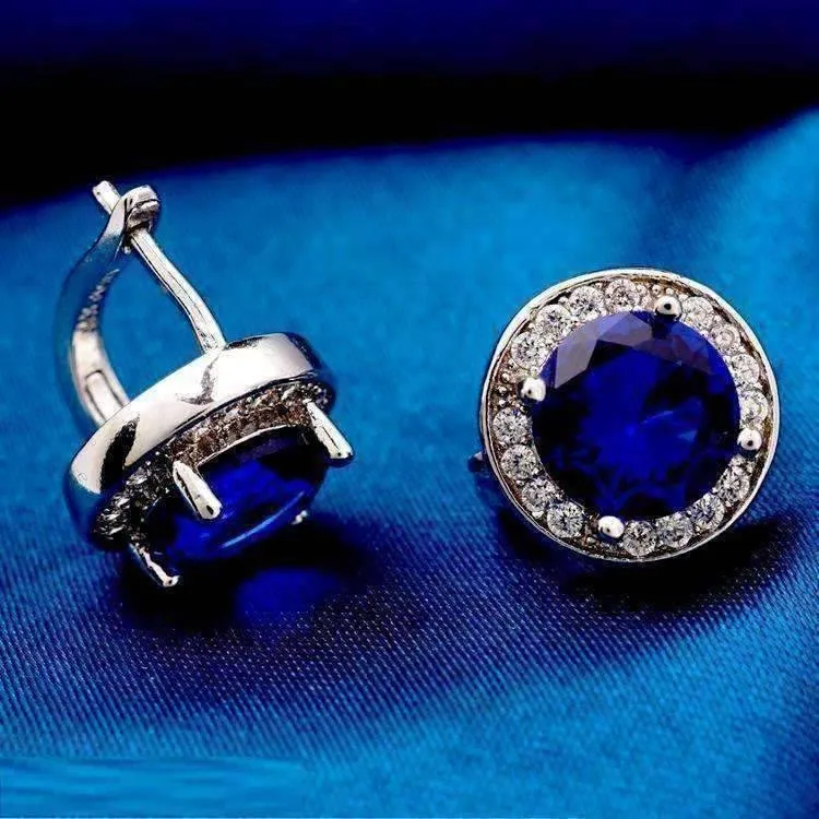 Round Cut Halo 3Ctw Simulated Sapphire Cz Set On 18K White Gold Plated Earrings for Women in Five Elegant Colors Special Occasion