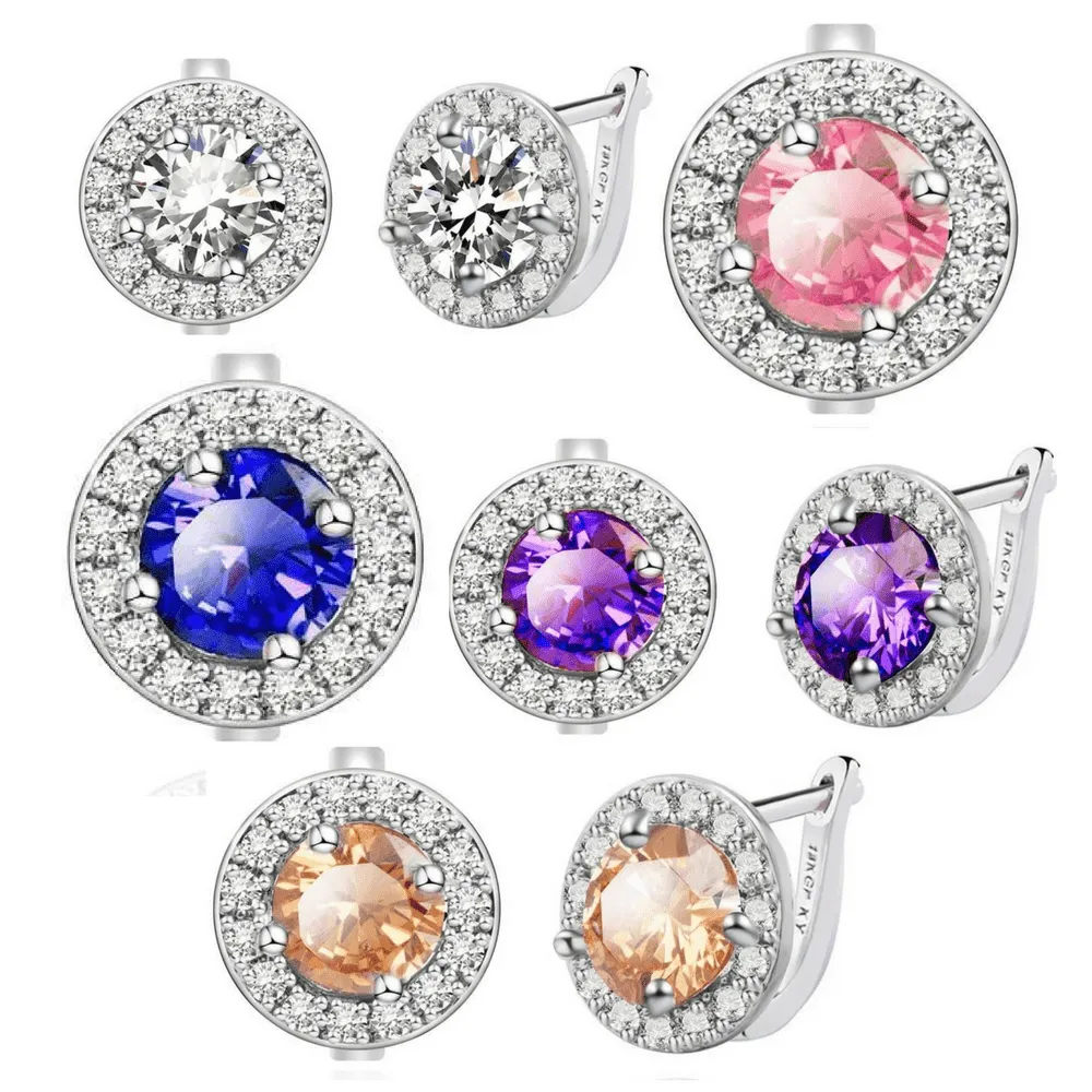 Round Cut Halo 3Ctw Simulated Sapphire Cz Set On 18K White Gold Plated Earrings for Women in Five Elegant Colors Special Occasion