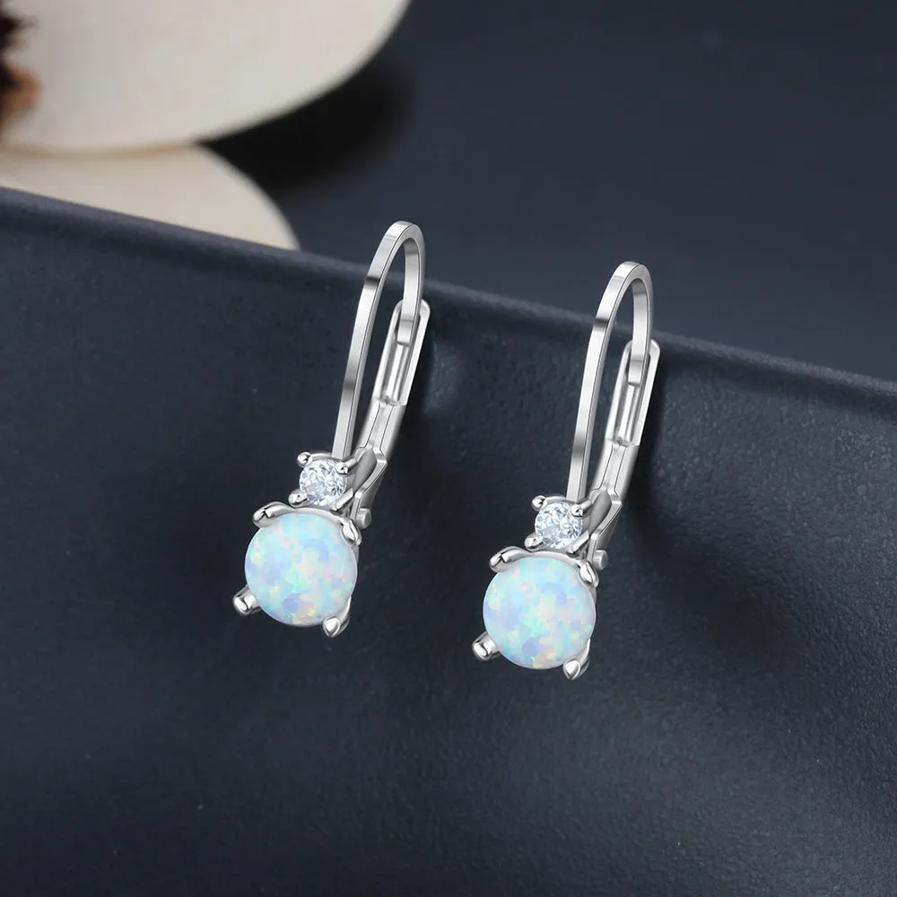 Round Opal with Small Zircon Sterling Silver Hoop Earrings