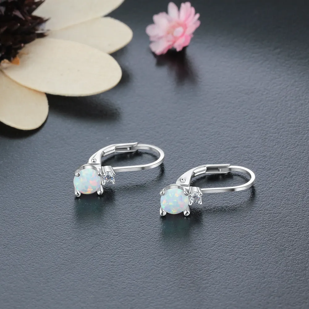 Round Opal with Small Zircon Sterling Silver Hoop Earrings