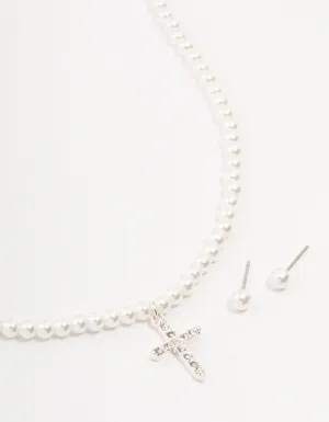 Silver Bohemia Czech Crystal Cross Necklace & Pearl Earrings Set