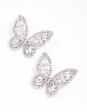 Silver Flutter Butterfly Cubic Zirconia Stud Earrings