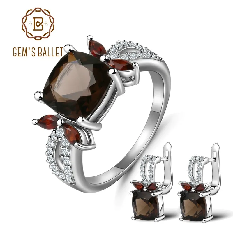 Smoky Quartz Garnet Rings Clip Earrings Genuine 925 Sterling Silver