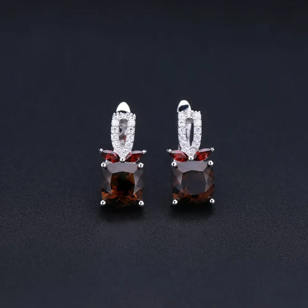 Smoky Quartz Garnet Rings Clip Earrings Genuine 925 Sterling Silver