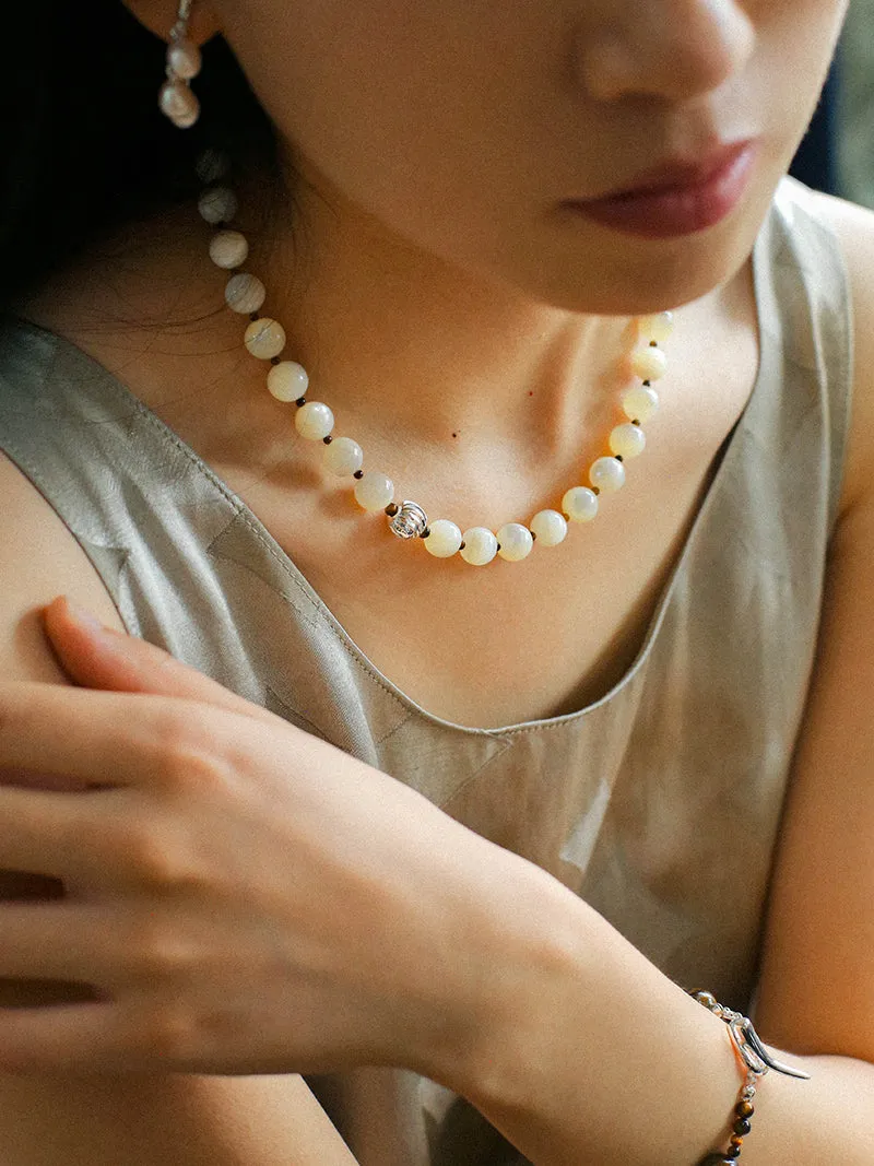 Smooth Mother of Pearls and Silver Shell Beaded OT Necklace