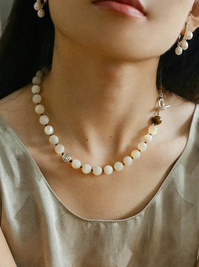 Smooth Mother of Pearls and Silver Shell Beaded OT Necklace