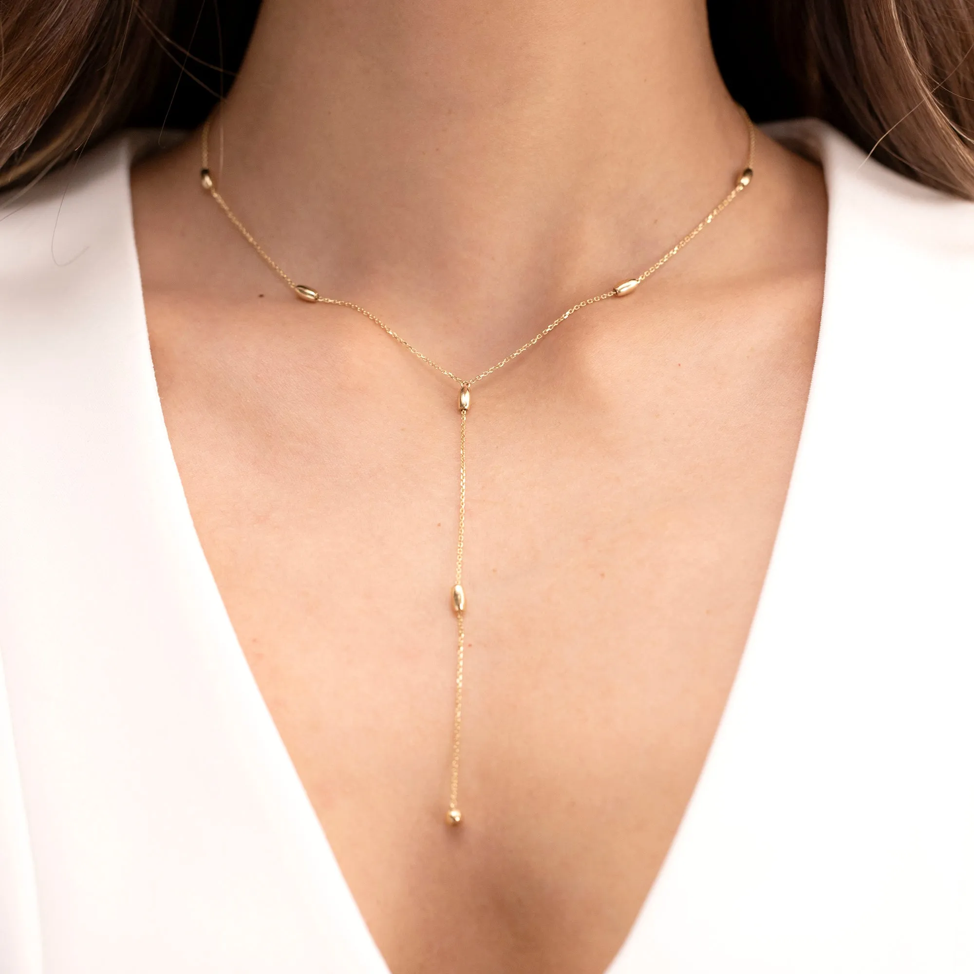 Solid Gold Beaded Lariat Necklace, Lyla