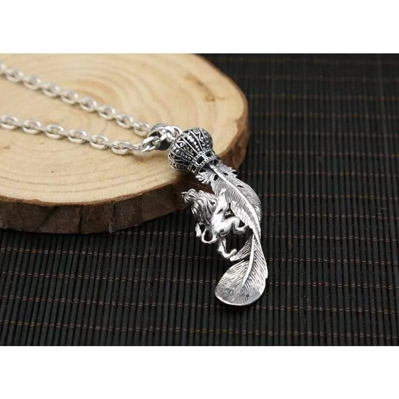 Solid Silver 925 Lion Crown Feather Pendant Charms for Necklace Men Women DIY Accessory Vintage 925 Sterling Silver Jewelry (Pendant)