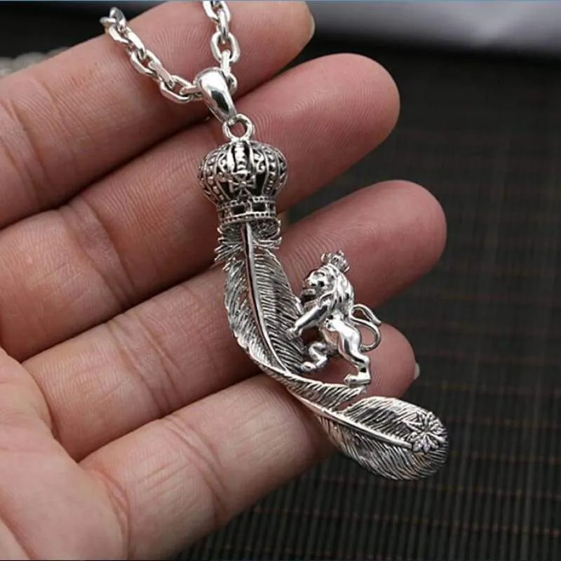 Solid Silver 925 Lion Crown Feather Pendant Charms for Necklace Men Women DIY Accessory Vintage 925 Sterling Silver Jewelry (Pendant)