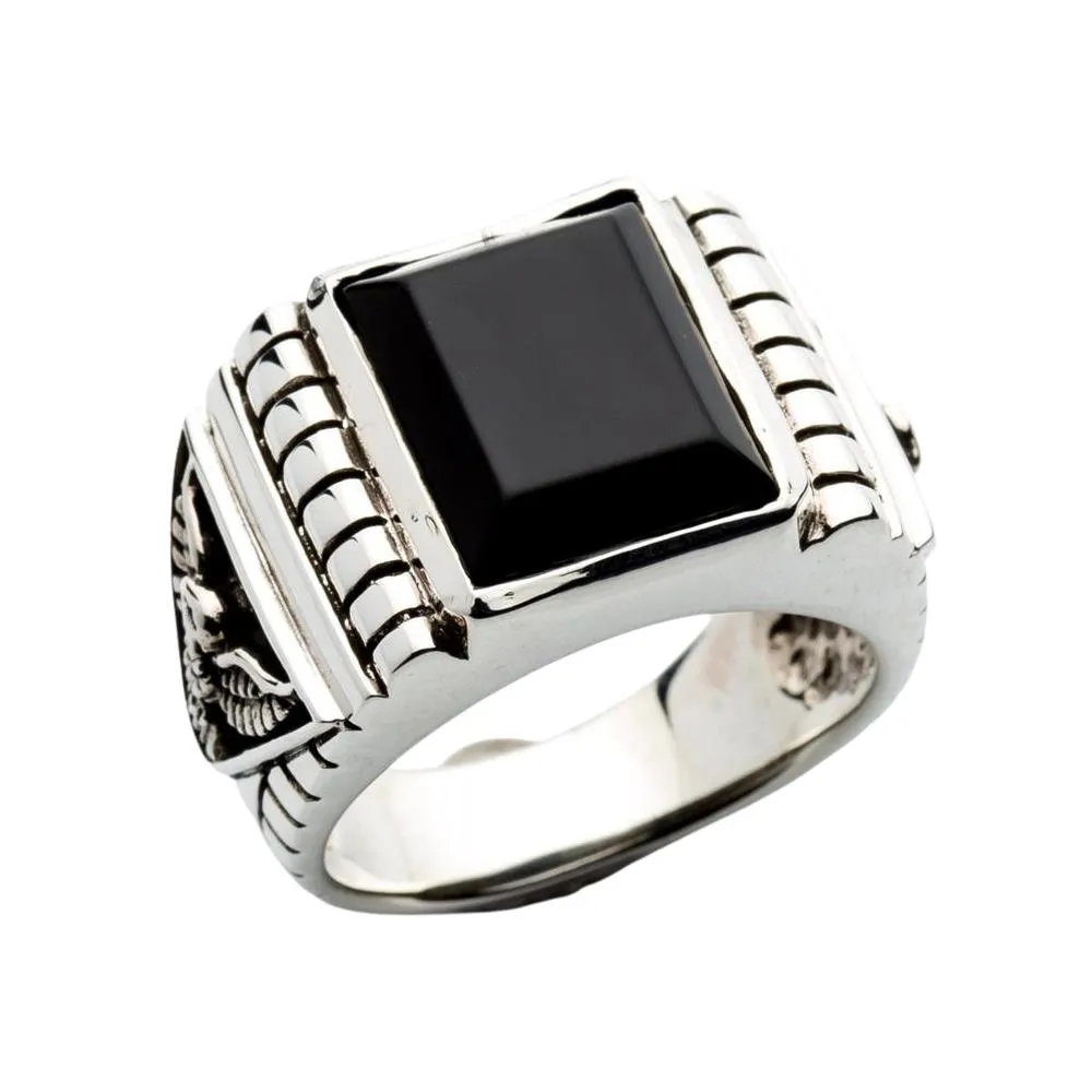 Sterling Silver Black Onyx Eagle Mens Ring