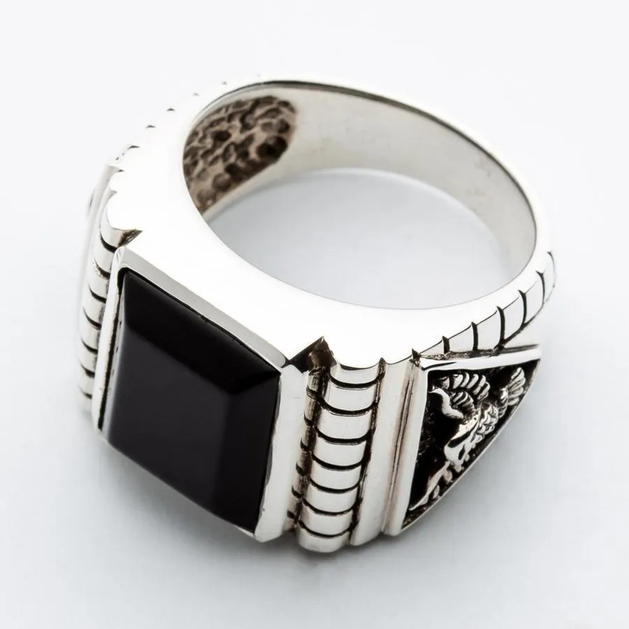 Sterling Silver Black Onyx Eagle Mens Ring