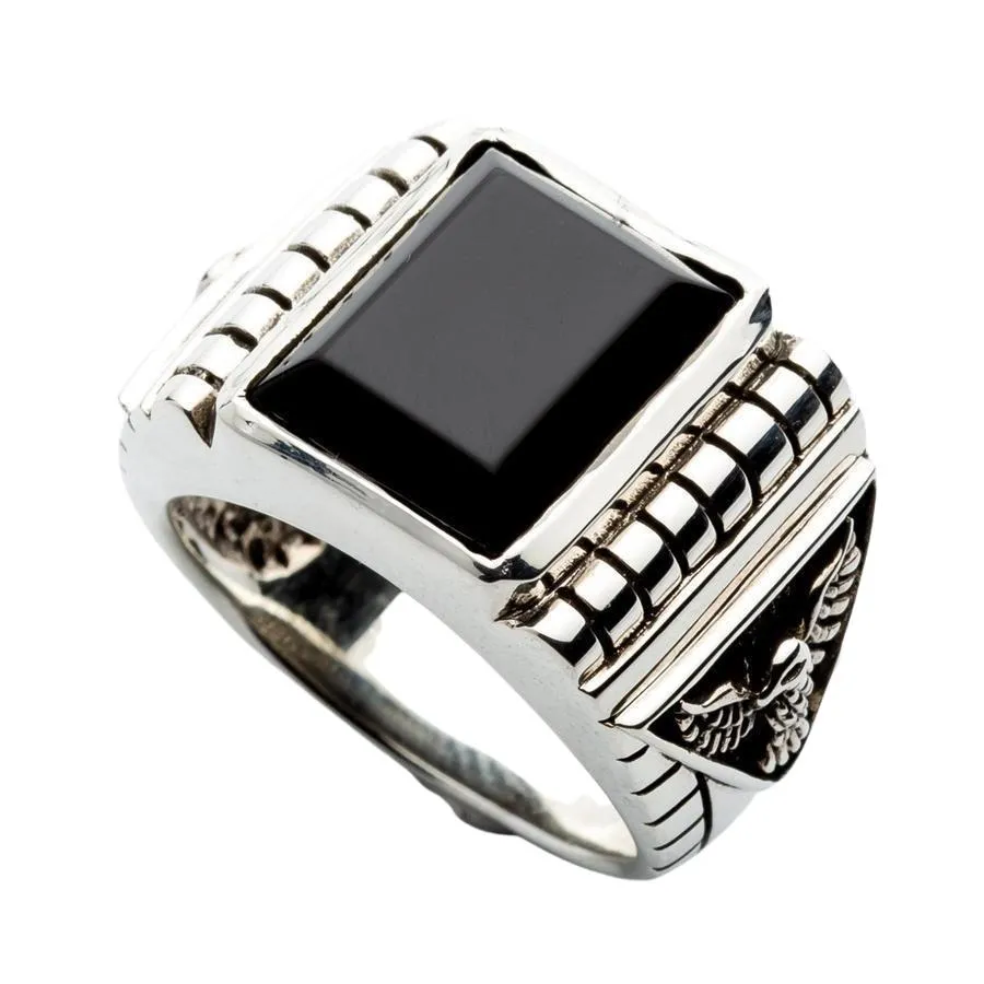 Sterling Silver Black Onyx Eagle Mens Ring