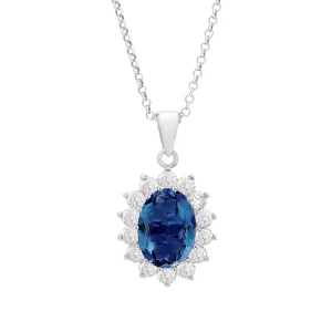 Sterling Silver Lab Sapphire Gemstone & CZ Lady Di Pendant