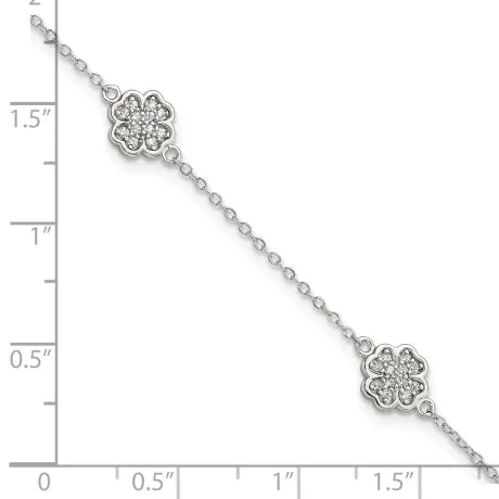 Sterling Silver Rhodium-plated Polished CZ Four Leaf Clover 7in Bracelet