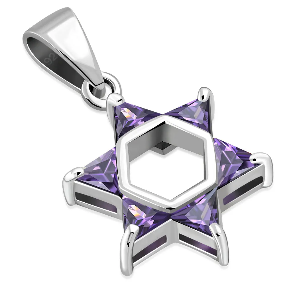 Tiny Star of David Silver Pendant set w/ Amethyst CZ