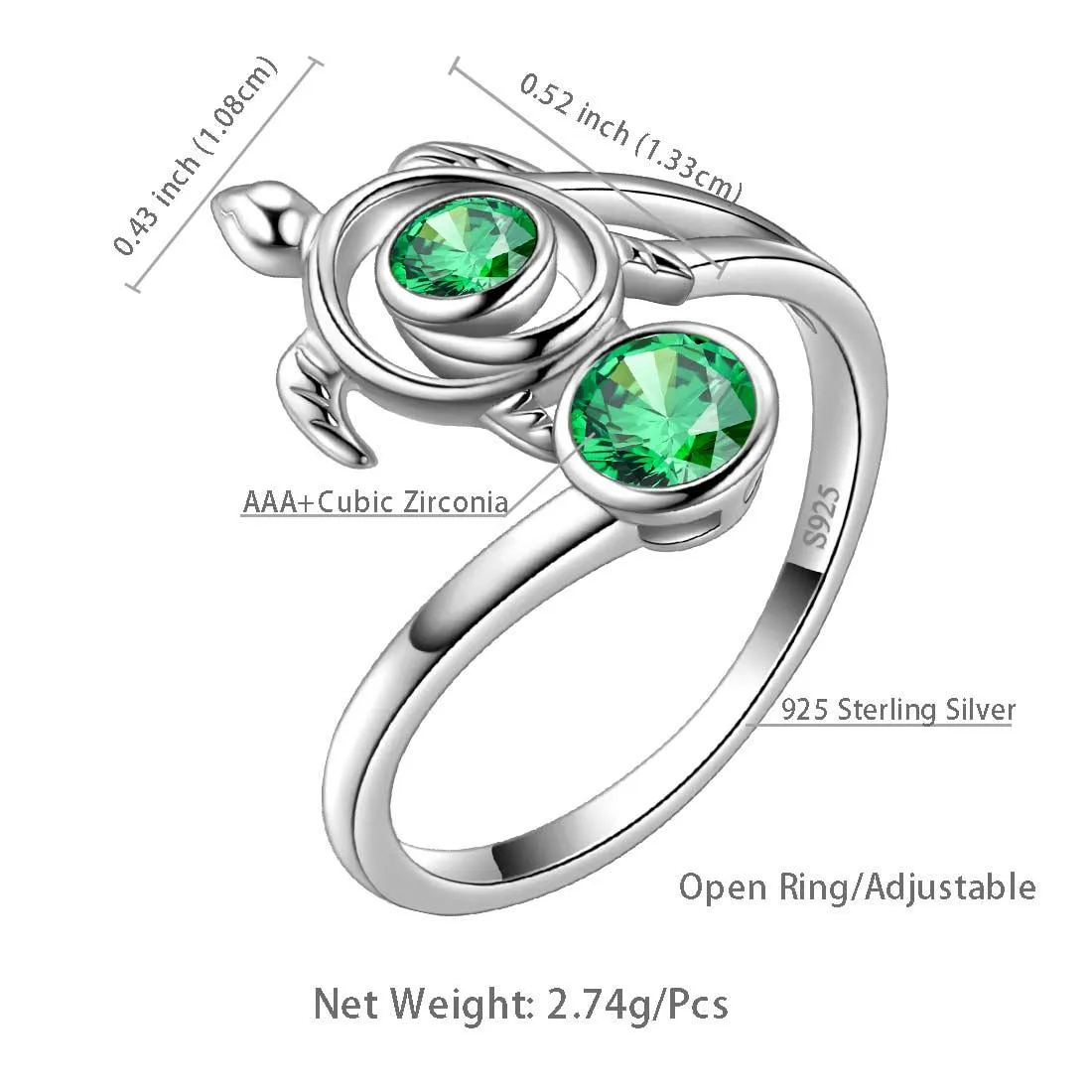 Turtle Birthstone May Emerald Ring Women Girls Jewelry Birthday Gift Sterling Silver