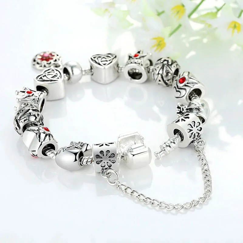 Vintage Heart Crown Bead Charm Bracelet Silver 925 for Women Original Safety Chain Jewelry