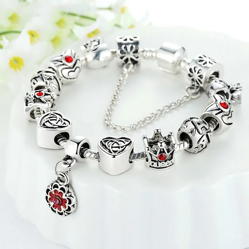 Vintage Heart Crown Bead Charm Bracelet Silver 925 for Women Original Safety Chain Jewelry