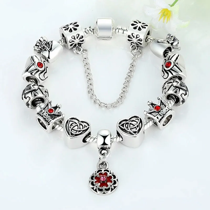 Vintage Heart Crown Bead Charm Bracelet Silver 925 for Women Original Safety Chain Jewelry